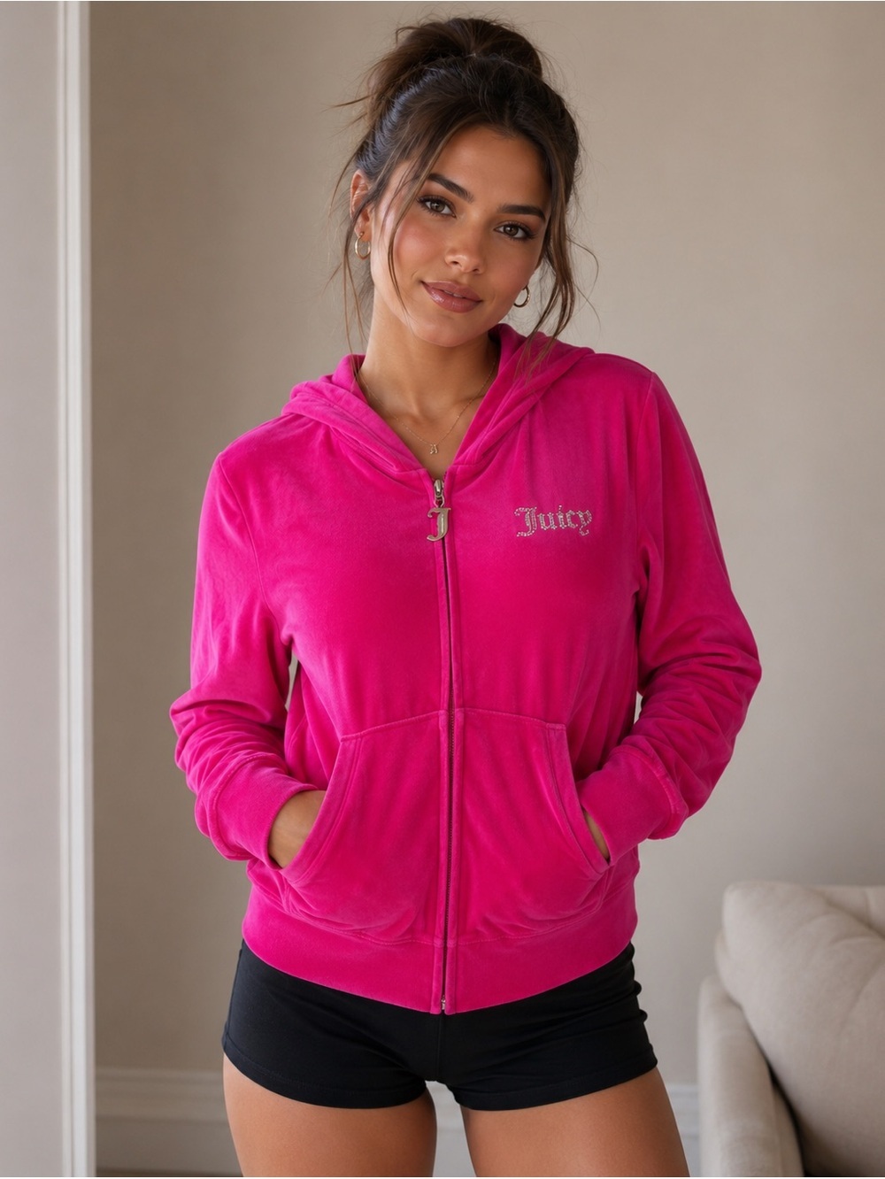 Juicy Couture | Bling Velour Full Zip Hoodie in Free Love Pink Size Medium